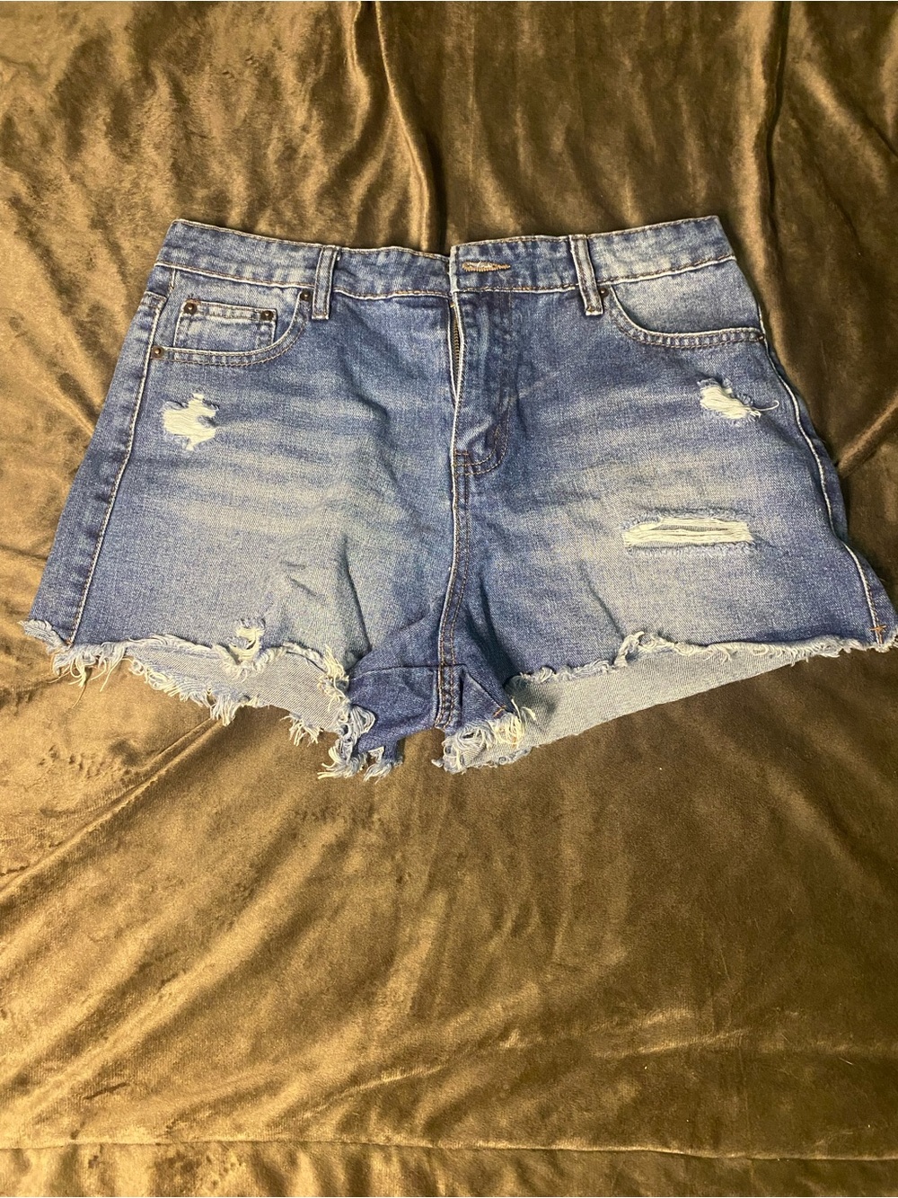 Frayed Hem Distressed Denim Shorts - Blue